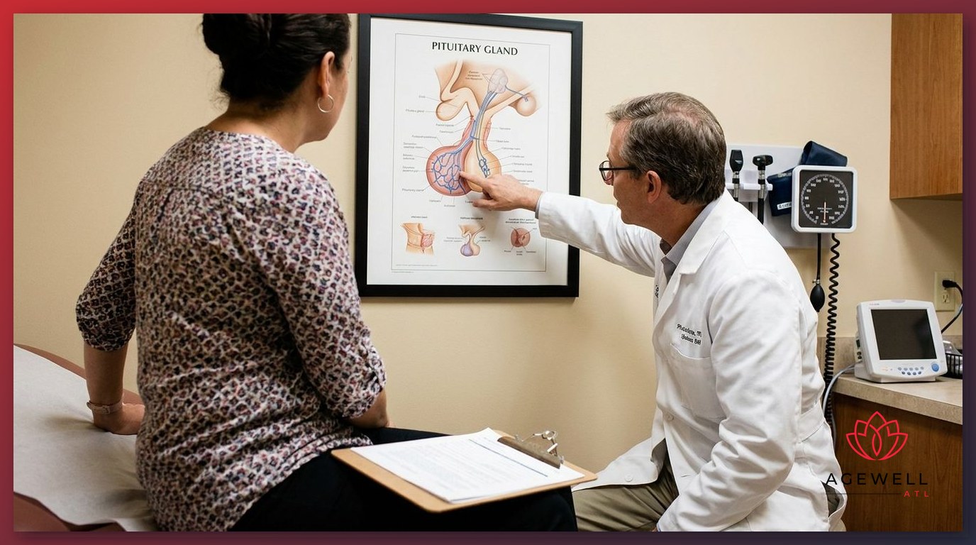 A physician explaining the pituitary gland's role in growth hormone production to a patient in a medical exam room.