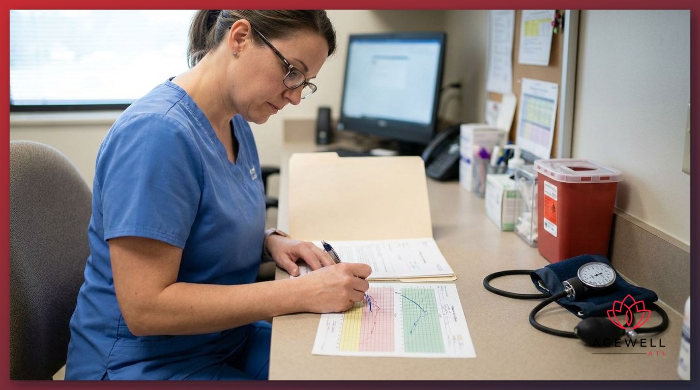 A nurse reviewing a patient's monitoring chart during a follow-up visit at a physician-supervised weight management clinic.