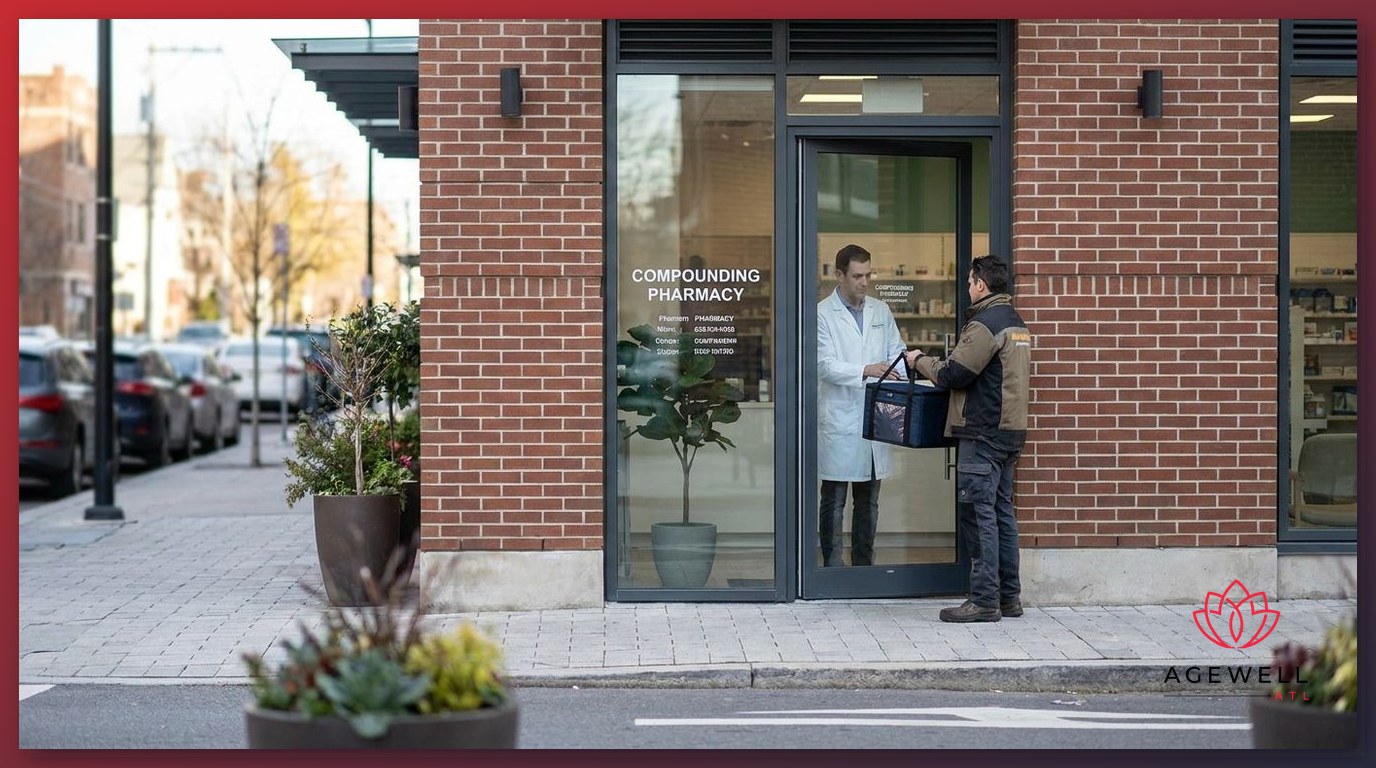 A compounding pharmacy staff member receiving a medical delivery at the front entrance of an FDA-registered pharmacy.