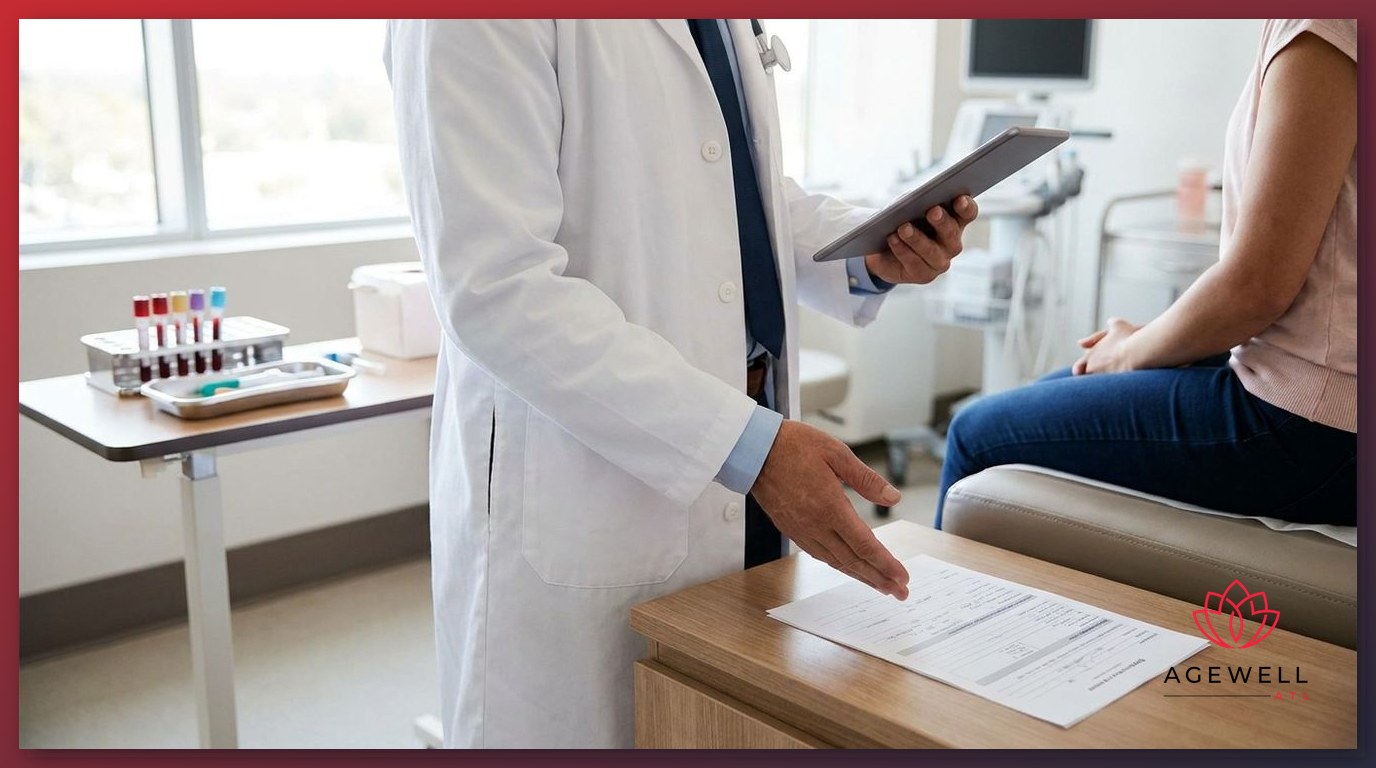 A physician conducting an initial candidacy evaluation with a patient before starting a physician-supervised peptide therapy program.