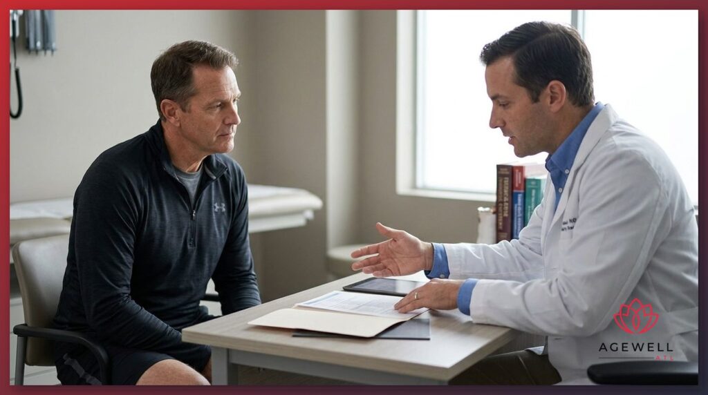 A physician consulting with a middle-aged male patient about testosterone replacement therapy in a medical office.