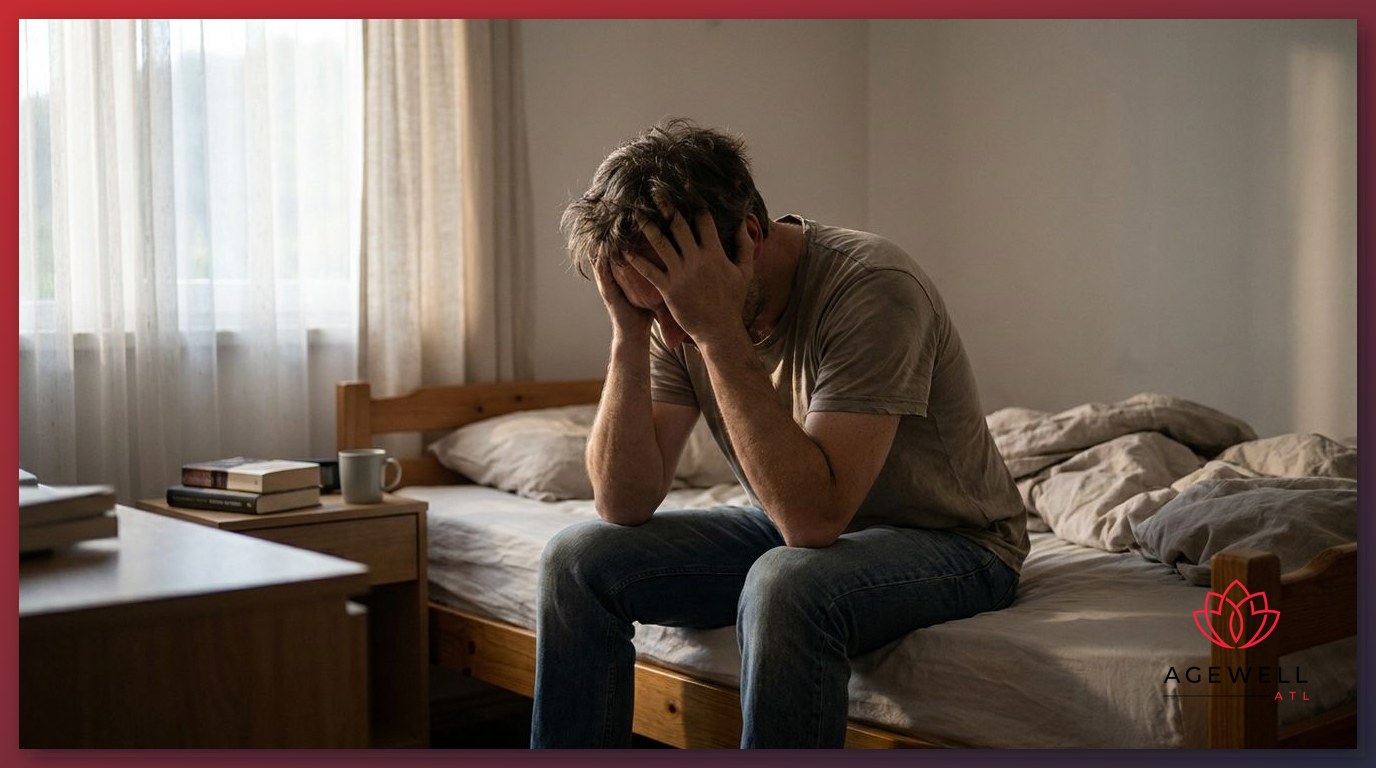 A middle-aged man sitting on a bed in the early morning appearing fatigued and low-energy.