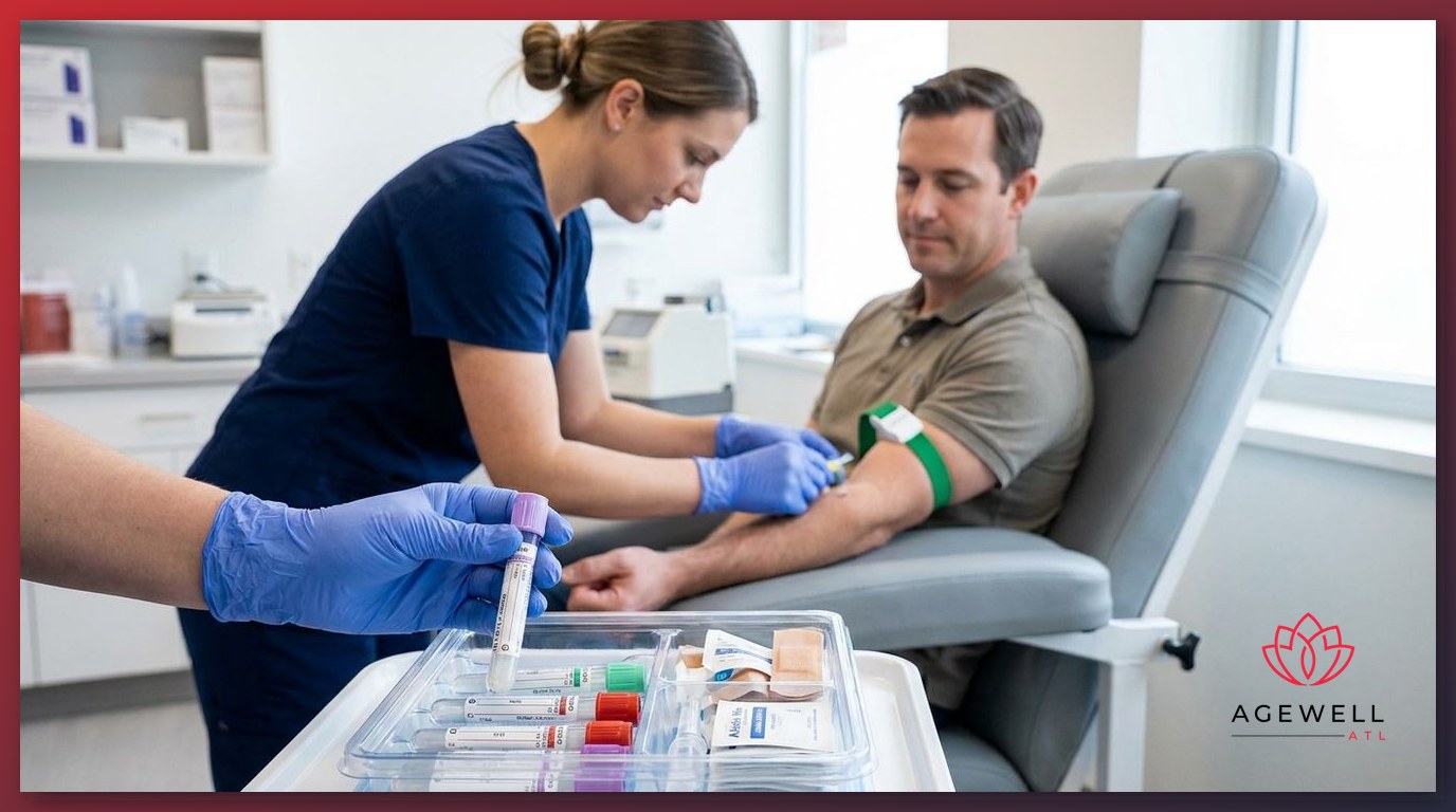A phlebotomist drawing a blood sample from a male patient at a clinical laboratory station.