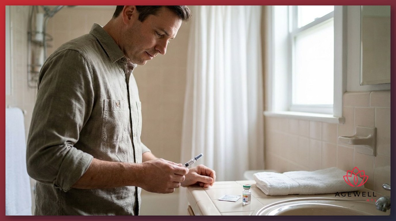 A man preparing a testosterone injection at a home bathroom counter with a syringe and vial.