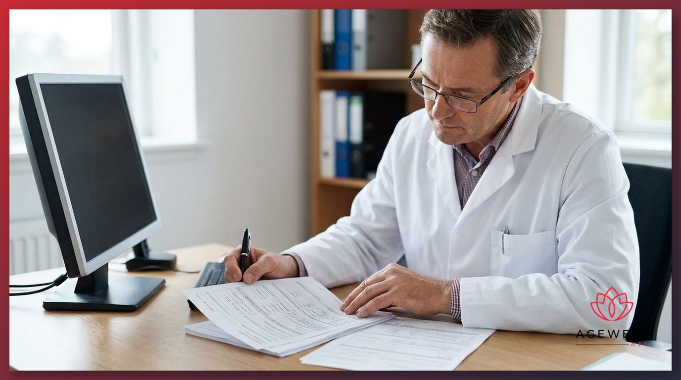 A physician reviewing printed lab panels at a desk during a patient monitoring review.