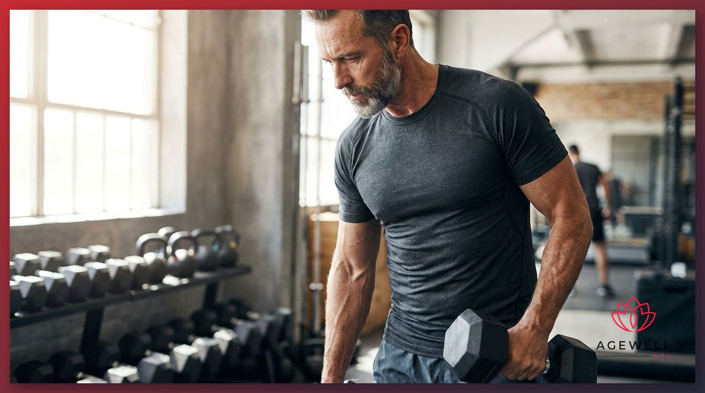 A middle-aged man doing dumbbell curls in a gym, demonstrating improved muscle tone and body composition.