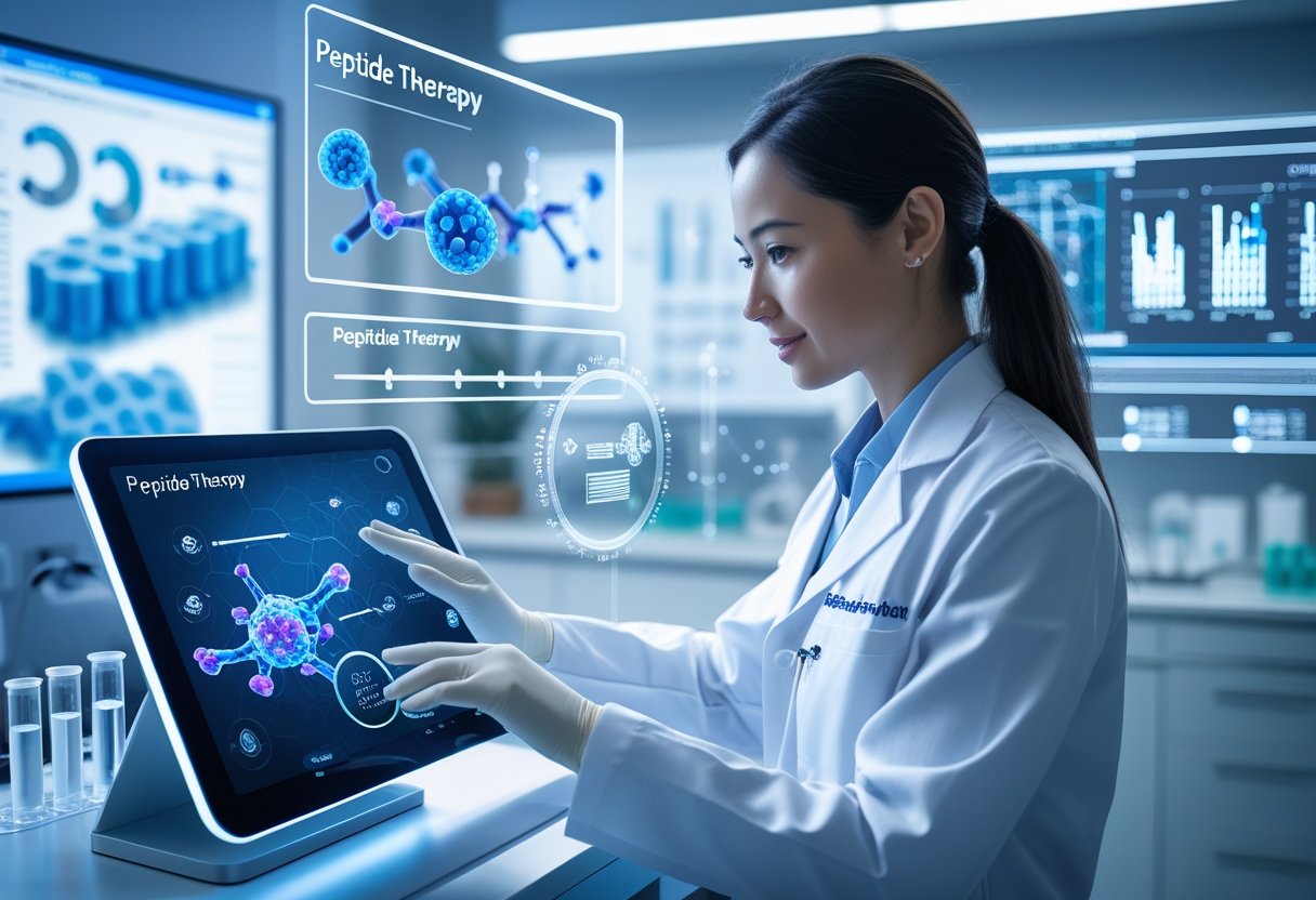 A healthcare professional using advanced medical technology in a modern clinic focused on peptide therapy.