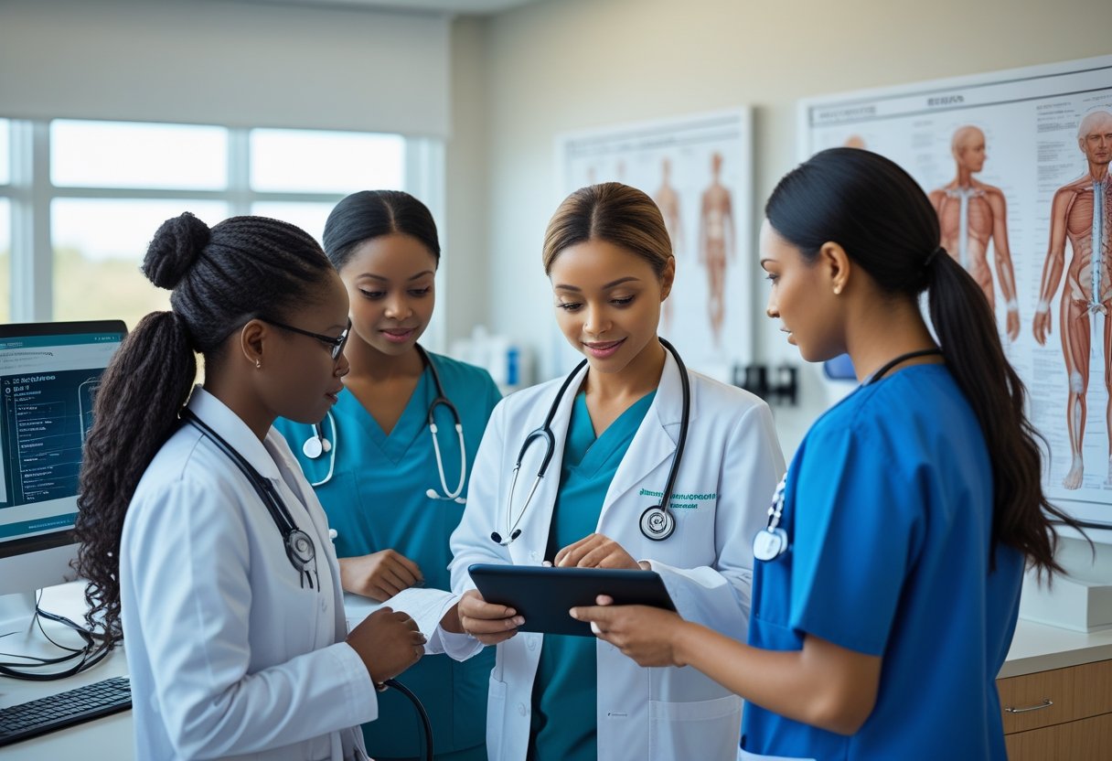 Healthcare professionals reviewing patient information in a modern clinic during a follow-up appointment.