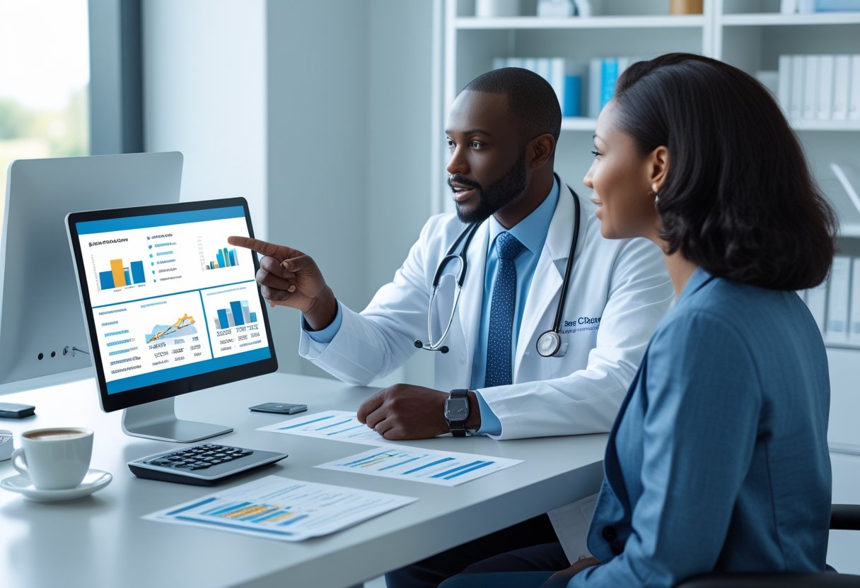 A doctor and patient discussing medical treatment costs while looking at charts on a tablet in a clinic office.
