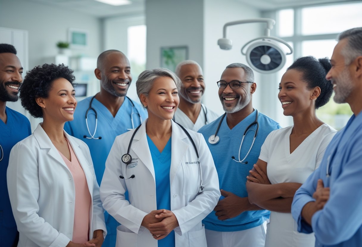 A healthcare professional talking with happy adult patients in a bright medical clinic.