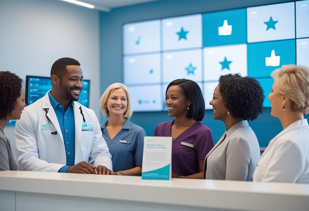 Healthcare provider talking with patients in a bright clinic reception area with medical brochures and digital icons representing positive reviews in the background.