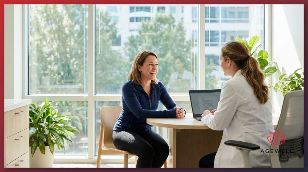 A woman over 40 in a physician-supervised wellness consultation discussing hormonal health and weight management.