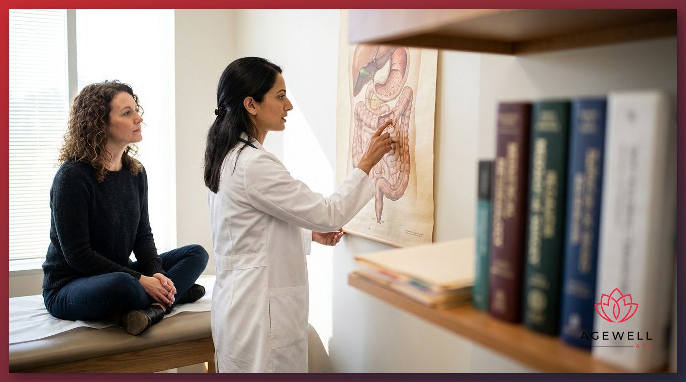 A physician explaining hormonal changes during perimenopause to a patient in a clinical exam room.