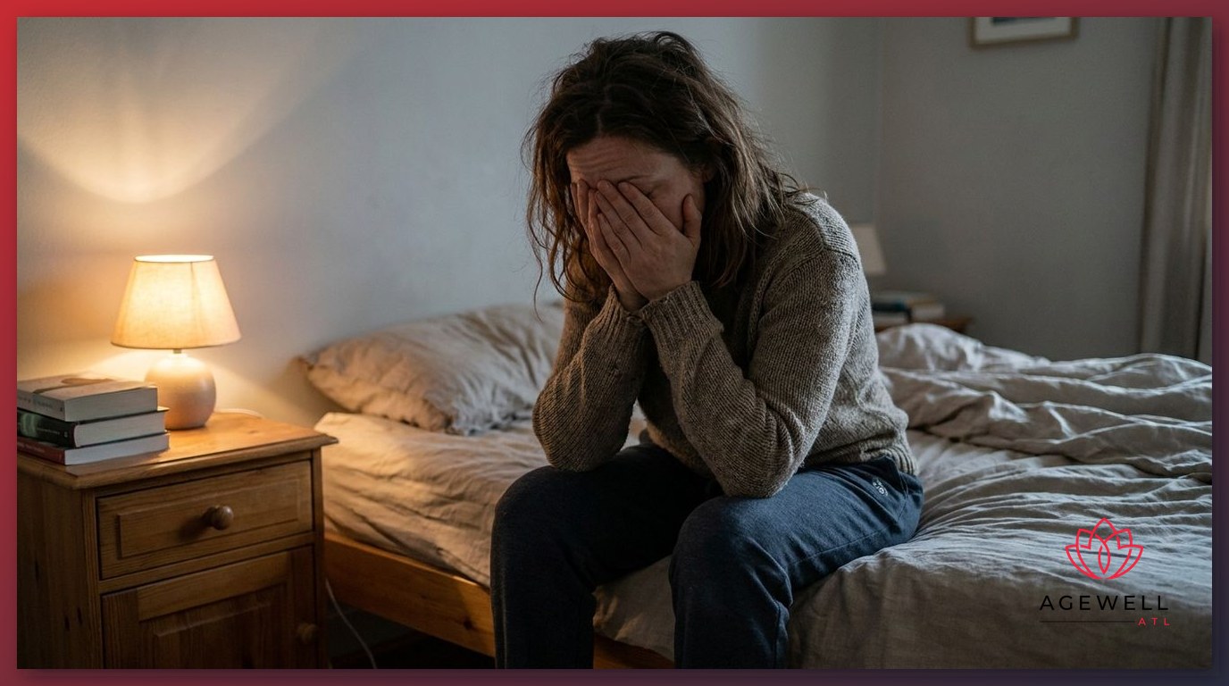 A woman in midlife experiencing fatigue and insomnia, seated on the edge of her bed at night.