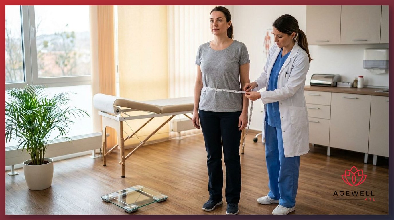 A clinician measuring a woman's waist circumference to assess abdominal fat accumulation during menopause.