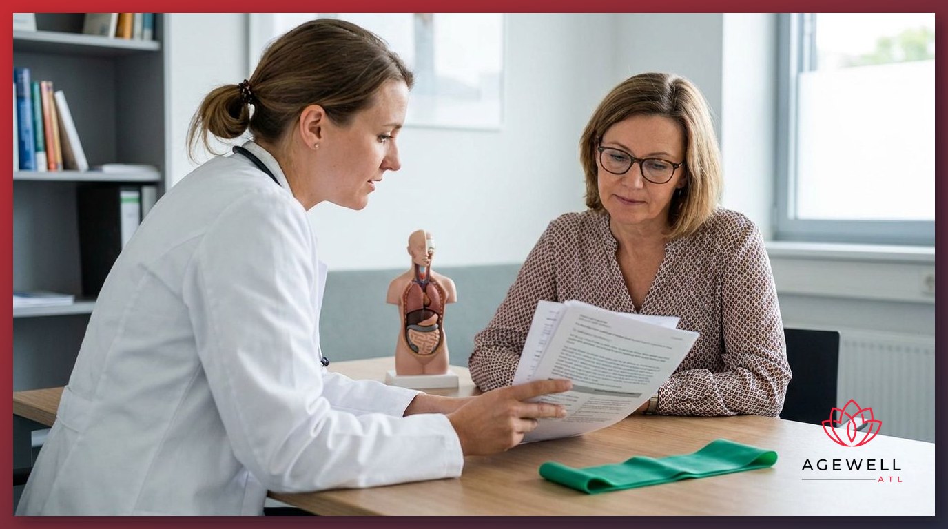 A physician and a menopausal patient reviewing a personalized weight loss treatment plan in a medical office.