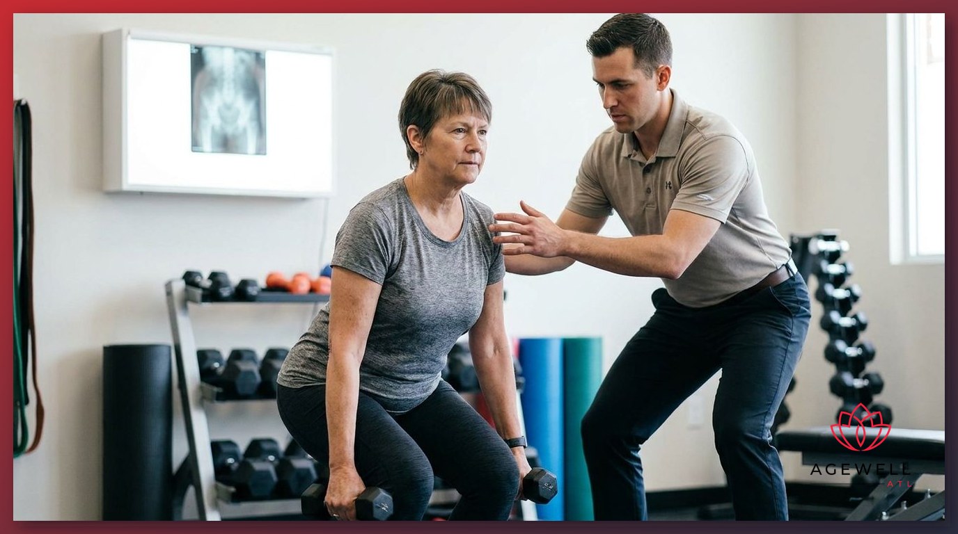 A post-menopausal woman doing supervised strength training exercises to support bone density and cardiovascular health.