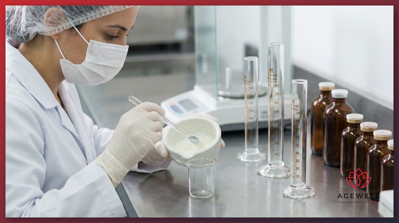 A compounding pharmacist preparing individualized bioidentical hormone formulations at a laboratory bench.