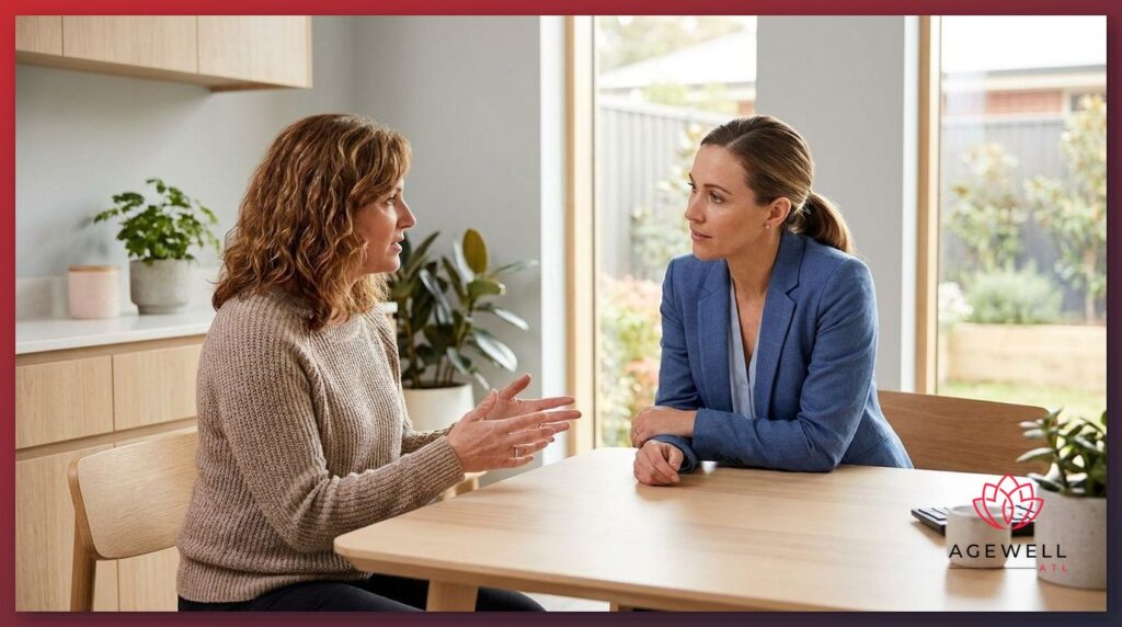 A woman consulting with a female physician during a hormone health evaluation at a medical weight loss clinic.
