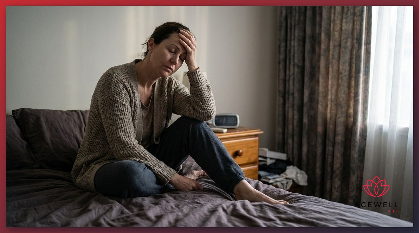 A middle-aged woman sitting on the edge of her bed looking fatigued from sleep disruption during perimenopause.