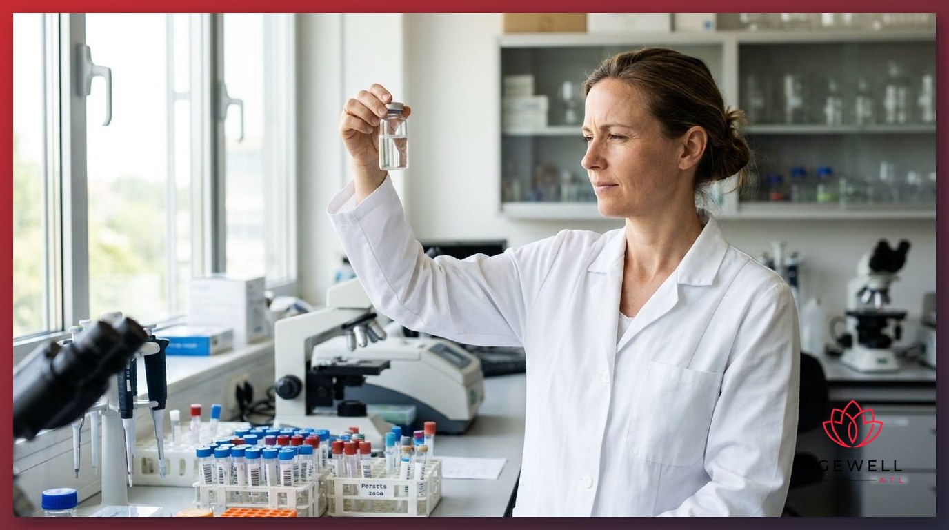 A physician in a white coat examining a small glass vial at a clinical laboratory counter.