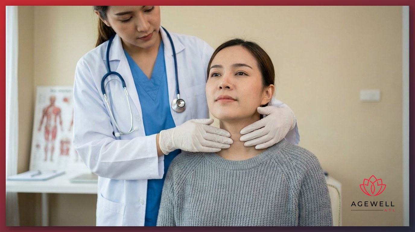 A physician performing a thyroid examination on a female patient during a hormone and metabolic health workup.