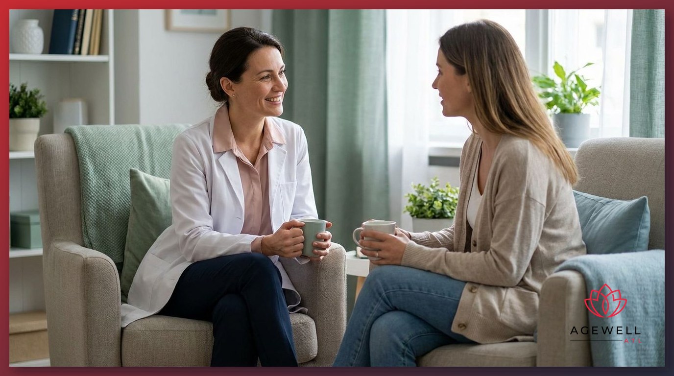 A female physician conducting a private sexual health consultation with a woman patient in a clinic setting.