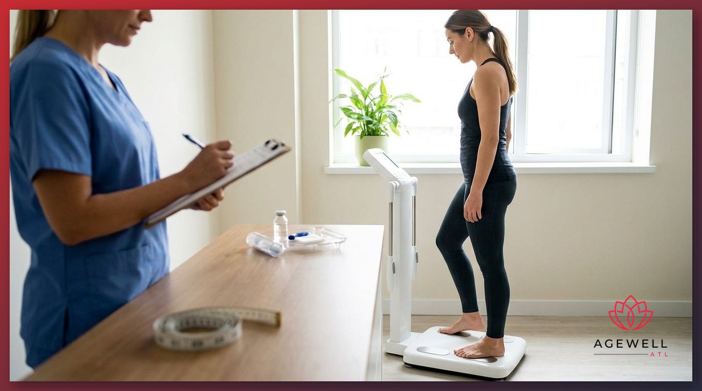A woman being assessed for body composition at a physician-supervised weight management and hormone therapy clinic.