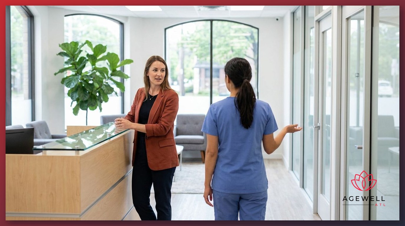 A woman speaking with clinic staff at the front desk of a women's health and hormone therapy medical practice.